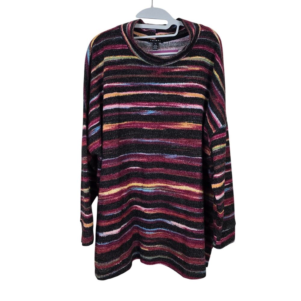 Women's Tribal Red Black Striped Knit Blouse | Size 2X